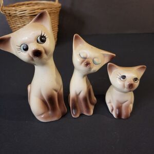 MCM Tan Ceramic Siamese Cat Salt and Pepper Shakers Toothpick Holder 3pc Set